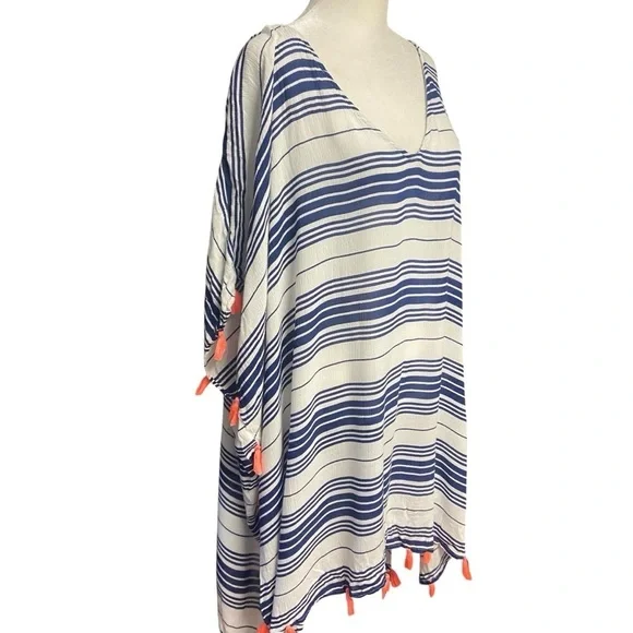 ASOS Swimsuit Cover Up Size 14 Navy White Stripes Hot Pink Tassels Pool Beach - Picture 5 of 7